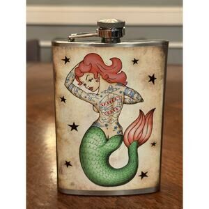 Trixie & Milo Fine Stainless Steel 8 Oz Flask Mermaid Tattoo- Sailor Pin-Up